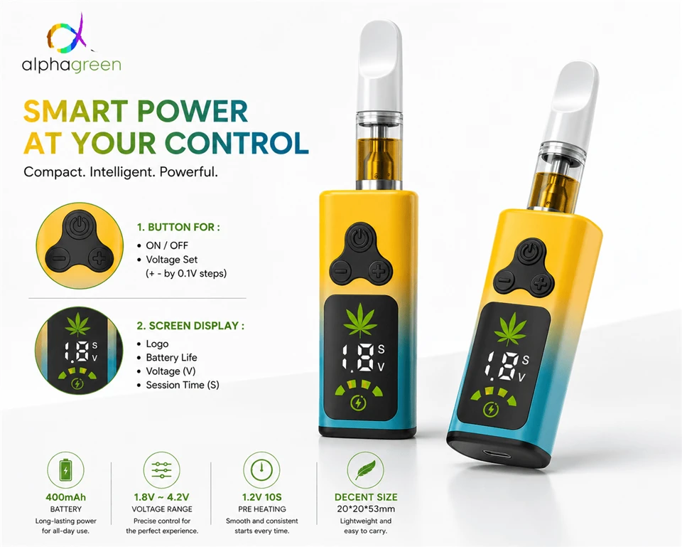 Premium 510 Thread Preheat Vape Battery | AlphaGreen 400mAh Adjustable Voltage Intelligent Box Mod manufacturers
